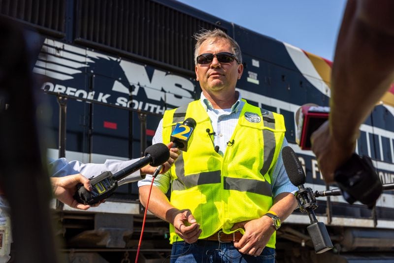 Norfolk Southern President Alan Shaw speaks to reporters at a first responder training at Norfolk Southern’s East Point rail yard on Tuesday, June 6, 2023. (Arvin Temkar/AJC)