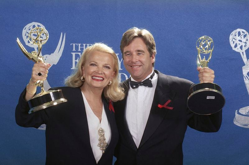 FILE - Actress Gena Rowlands and actor Beau Bridges hold up their Emmys for Best Actress and Best Actor for Miniseries or Special during the 44th Annual Emmy Awards in Pasadena, Calif., Aug. 30, 1992. Rowlands received the Emmy for "Face Of A Stranger" and Bridges for "Without Warning: The James Brady Story." (AP Photo/Douglas C. Pizac, File)