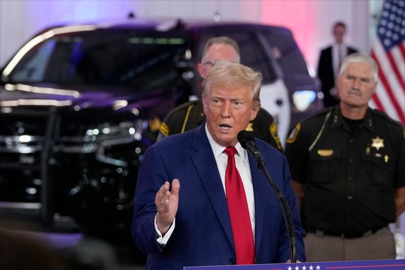 Republican presidential nominee former President Donald Trump speaks on crime and safety during a campaign event at the Livingston County Sheriff's Office, Tuesday, Aug. 20, 2024, in Howell, Mich.(AP Photo/Carlos Osorio)