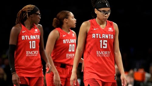 Atlanta Dream guard Allisha Gray (15) reacts during the second half of an WNBA basketball first-round playoff game against the New York Liberty Tuesday, Sept. 24, 2024, in New York. The Liberty won 91-82 to clinch the series 2-0.  (AP Photo/Adam Hunger)