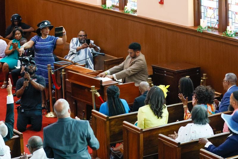 The congregation observes organist Jarvis Wilson as he performs “The Lord’s Prayer” at the end of the service commemorating Alberta Williams King's life at Ebenezer Baptist Church on Sunday, June 30, 2024, in Atlanta.
(Miguel Martinez / AJC)