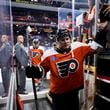 Philadelphia Flyers' Matvei Michkov walks off the ice after warming-up before a preseason NHL hockey game against the New York Islanders, Thursday, Sept. 26, 2024, in Philadelphia. (AP Photo/Matt Slocum)