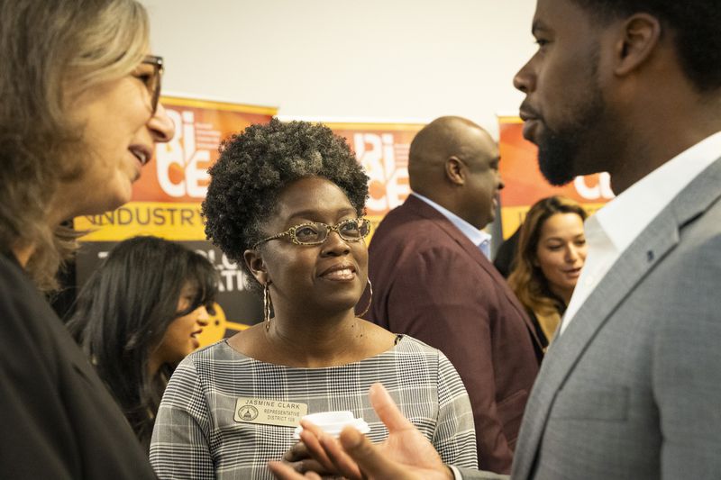 Birgitta Tazelaar, the Netherlands Ambassador to the United States (left), speaks with state Rep. Jasmine Clark (center) and guests at the Black Business Breakfast at the Russell Center on Wednesday, Feb. 14, 2024. The event is part of the Dutch government's initiative to engage with the Black community in Atlanta through business, cultural exchange, and social justice following the Dutch government’s formal apology for its role in slavery in 2022. (Olivia Bowdoin for the AJC).