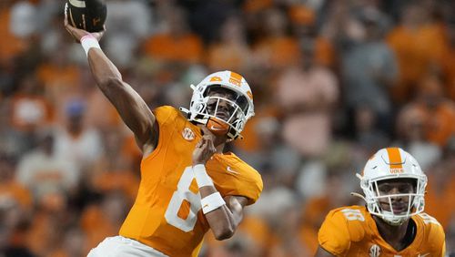 Tennessee quarterback Nico Iamaleava (8) throws a pass during the first half of an NCAA college football game against Kent State, Saturday, Sept. 14, 2024, in Knoxville, Tenn. (AP Photo/George Walker IV)