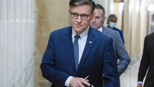 FILE - Speaker of the House Mike Johnson, R-La., walks to a meeting at the Capitol in Washington, Sept. 11, 2024. (AP Photo/Jose Luis Magana, File)