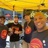 Kevin Downing of Khonso Brewing (from left) is seen with George Kepler of Strange Roots (a collaborating partner) and Corby Hannah and William Teasley of Khonso. (Courtesy of Khonso Brewing)