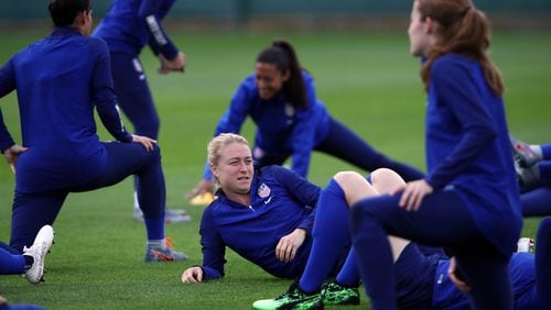 Emily Sonnett warms up during a USA training session during the 2019 FIFA Women's World Cup competition at Parc des Loisirs on June 19, 2019, in Touques, France.  Sonnett, 25,  a Cobb County native, is one of the defenders on the team. Two other Georgia athletes, midfielder Morgan Brian of St. Simons Island and defender Kelley O’Hara of Fayetteville, also are on the 24-member team, according to the team roster. (Photo by Alex Grimm/Getty Images)