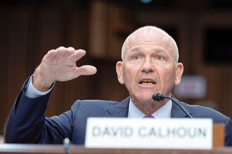 Boeing CEO David Calhoun testifies at a Senate Homeland Security Subcommittee on Investigations at the Capitol Hill Tuesday, June 18, 2024, in Washington. (AP Photo/Mariam Zuhaib)
