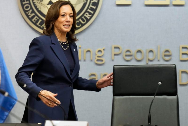 Democratic presidential nominee Vice President Kamala Harris attends a briefing at FEMA headquarters, Monday, Sept. 30, 2024, in Washington, on recovery and assistance efforts after Hurricane Helene. (AP Photo/Jacquelyn Martin)