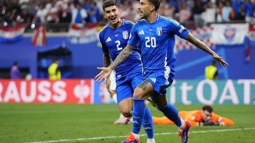 Italy's Mattia Zaccagni celebrates after scoring during a Group B match between Croatia and Italy at the Euro 2024 soccer tournament in Leipzig, Germany, Monday, June 24, 2024. (AP Photo/Petr David Josek)
