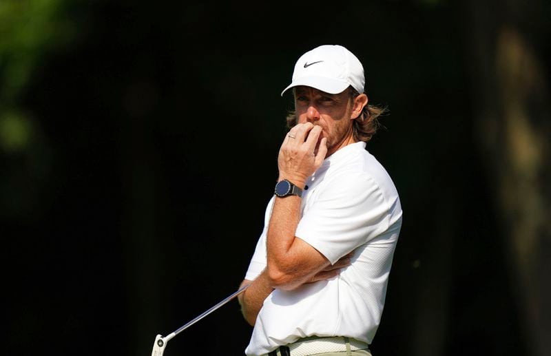 Tommy Fleetwood attends the day one of the BMW PGA Championship at Wentworth Golf Club in Virginia Water, Surrey, England, Thursday, Sept. 19, 2024. (Zac Goodwin/PA via AP)