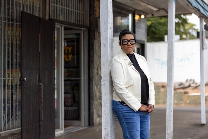 Lorraine Cochran-Johnson, the CEO-elect of DeKalb County, poses for a portrait at a strip of businesses along Glenwood Road near its intersection with Columbia Drive in southern DeKalb on Wednesday, Sept. 25, 2024. (Arvin Temkar / AJC)