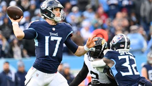 FILE - Tennessee Titans quarterback Ryan Tannehill (17) during an NFL football game against the Jacksonville Jaguars, Jan. 7, 2024 in Nashville, Tenn. (AP Photo/John Amis, File)