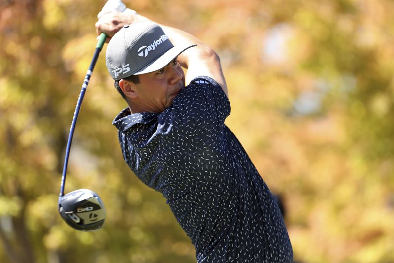 Stanford alum Michael Thorbjornsen tees off on 1st hole during final round at Procore Championship, Sunday, Sept. 15, 2024, in Napa, Calif. (AP Photo/Scott Strazzante)