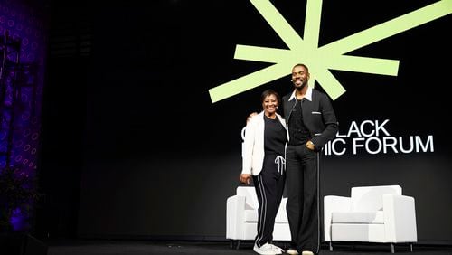 In this photo provided by Kim Ha, W.K. Kellogg Foundation president La June Montgomery Tabron and Oscar-nominated actor Colman Domingo stand together at the Essence Festival of Culture, July 6, 2024 in New Orleans. (Kim Ha/W.K. Kellogg Foundation via AP)