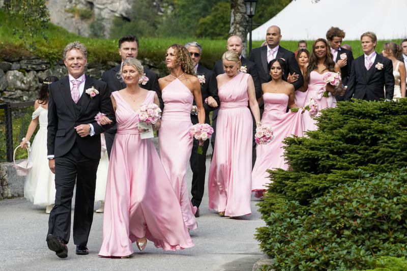 Bridesmaids attend the wedding of Norway's Princess Martha Louise and Durek Verrett, in Geiranger, Norway, Saturday Aug. 31, 2024. (Cornelius Poppe/NTB via AP)