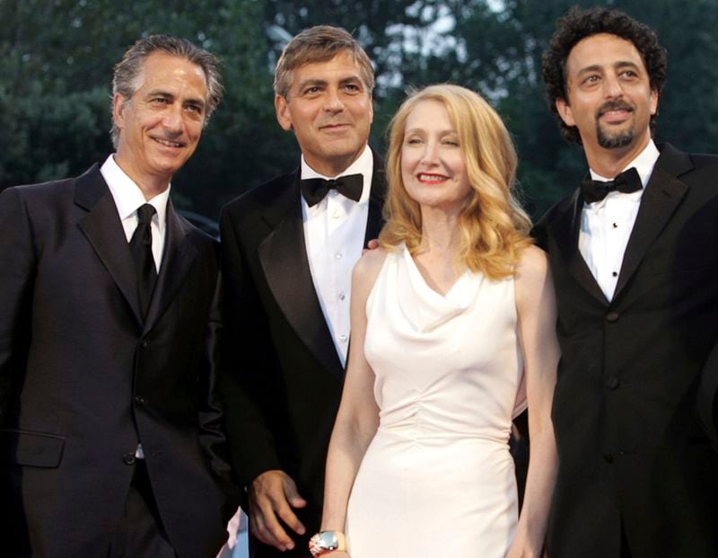 FILE - Actor David Strathairn, from left, actor-director George Clooney, actress Patricia Clarkson, and producer Grant Heslov appear at the screening of their film "Good night, and Good Luck" at the 62nd edition of the Venice Film Festival in Venice, northern Italy on Sept. 1, 2005. (AP Photo/Domenico Stinellis, File)