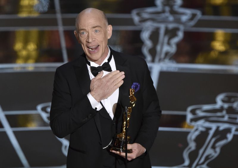 FILE - J.K. Simmons accepts the award for best actor in a supporting role for "Whiplash" at the Oscars on Sunday, Feb. 22, 2015, in Los Angeles. (Photo by John Shearer/Invision/AP, File)