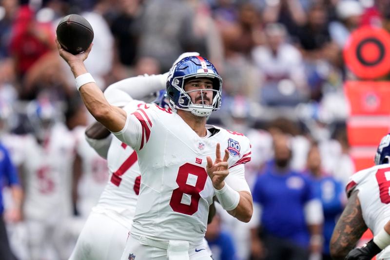 New York Giants quarterback Daniel Jones (8) throws a pass in the first half of a preseason NFL football game against the Houston Texans, Saturday, Aug. 17, 2024, in Houston. (AP Photo/Eric Christian Smith)