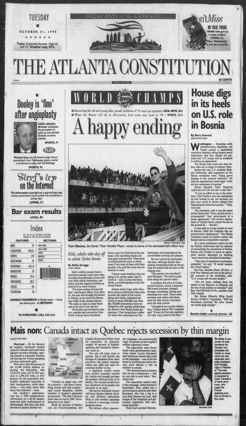 The front page of The Atlanta Constitution on Oct. 31, 1995, the morning after the city celebrated the Braves' World Series victory over the Cleveland Indians with a parade.
