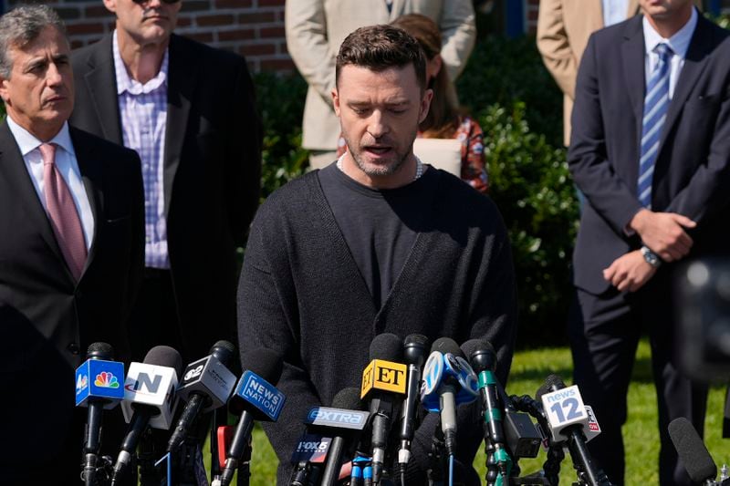 Justin Timberlake speaks to the press after a court hearing, Friday, Sept. 13, 2024, in Sag Harbor, N.Y. (AP Photo/Pamela Smith)