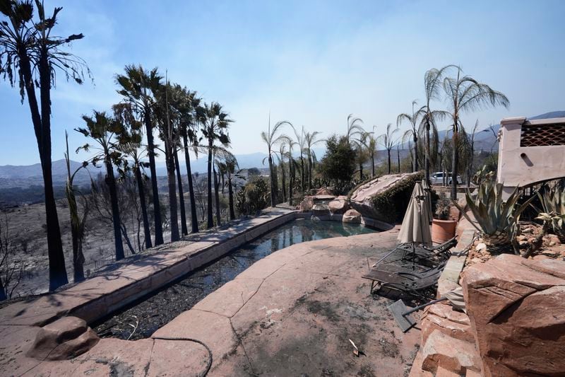 A fire-ravaged property is seen after the Airport Fire swept through Wednesday, Sept. 11, 2024, in El Cariso Village, in unincorporated Riverside, County, Calif. (AP Photo/Gregory Bull)