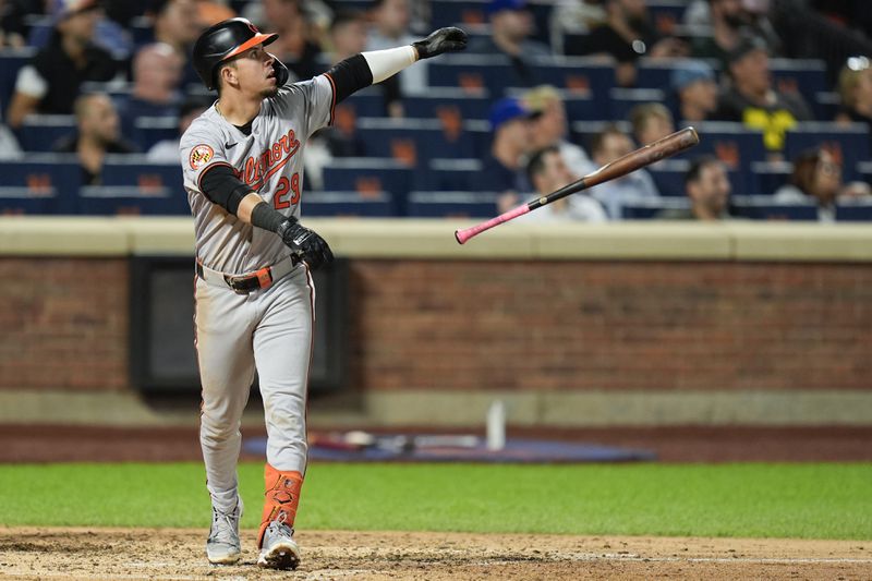 Baltimore Orioles' Ramón Urías looks after his solo home run during the seventh inning of a baseball game against the New York Mets at Citi Field, Monday, Aug. 19, 2024, in New York. (AP Photo/Seth Wenig)