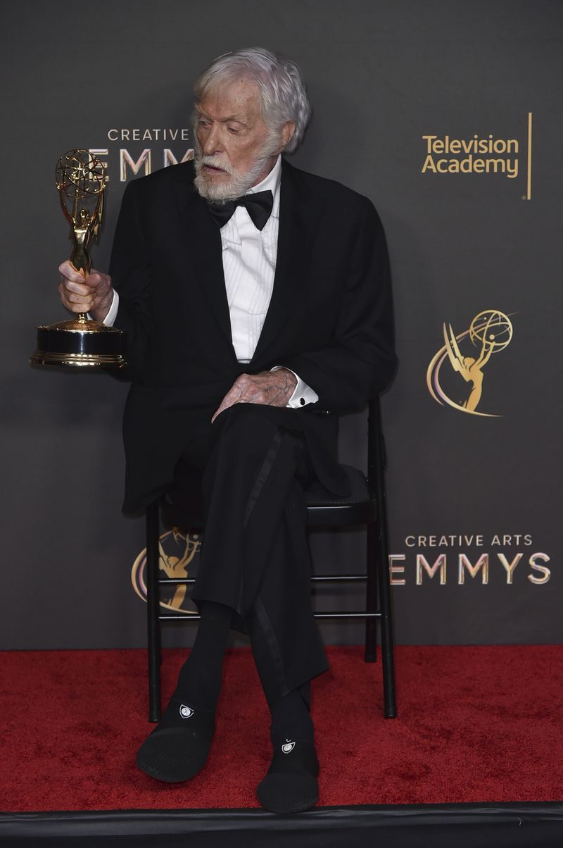 Dick Van Dyke poses with his award for outstanding variety special (Pre-Recorded) for “Dick Van Dyke 98 Years Of Magic” on night one of the Creative Arts Emmy Awards on Saturday, Sept. 7, 2024, in Los Angeles. (Photo by Richard Shotwell/Invision/AP)