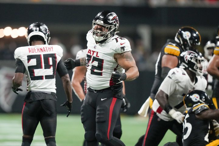 Atlanta Falcons quarterback Taylor Heinicke gets up after being sacked by  the Pittsburgh Steelers during the first half of a preseason NFL football  game Thursday, Aug. 24, 2023, in Atlanta. (AP Photo/Gerald