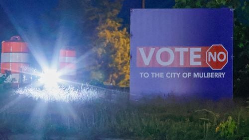 A sign located at the intersection of Pine Road and Braselton Highway in Gwinnett reflects the sentiment of some residents who are against the proposed City of Mulberry in Gwinnett. Monday, April 22, 2024.
(Miguel Martinez / AJC)