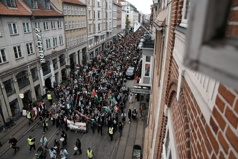 People demonstrate in support of Palestinians in Copenhagen, Denmark, Saturday Oct. 5, 2024. (Thomas Traasdahl/Ritzau Scanpix via AP)