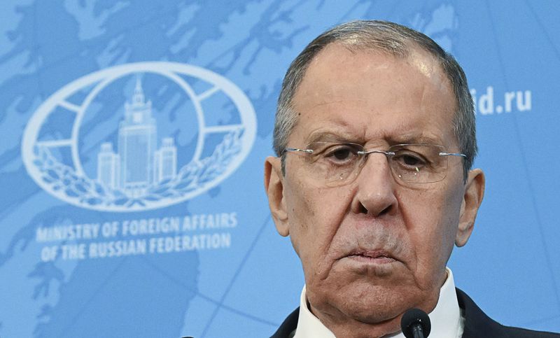 Russian Foreign Minister Sergey Lavrov makes a statement after Russian President Vladimir Putin's meeting with the leadership of the Russian Foreign Ministry in Moscow, Russia, Friday, June 14, 2024. (Alexey Maishev, Sputnik, Kremlin Pool Photo via AP)