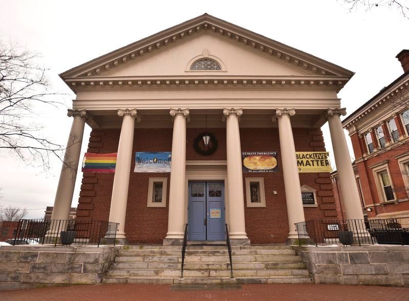 FILE - In this Dec. 27, 2019, photo, is the Unitarian Society of Northampton and Florence, in Northampton, Mass. (Jerrey Roberts/The Daily Hampshire Gazette via AP, File)