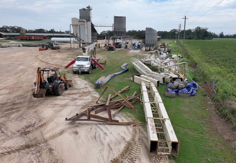 An aerial photo shows damage caused by Hurricane Helene at Dixon Farm Supply, Tuesday, October 1, 2024, in Alapaha. (Hyosub Shin / AJC)