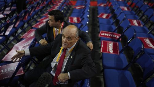 Former New York Mayor Rudy Giuliani is seen on the convention floor before the Republican National Convention Tuesday, July 16, 2024, in Milwaukee. (AP Photo/Jae C. Hong)