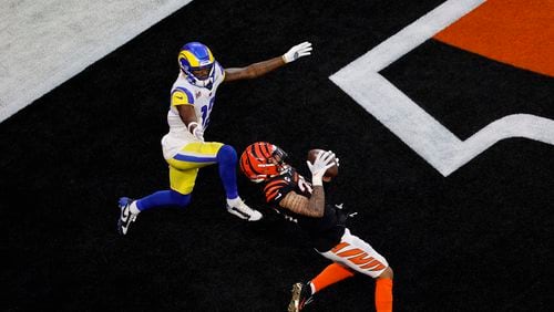 Cincinnati Bengals safety Jessie Bates (30) catches an interception during the second quarter in the Super Bowl LVI at SoFi Stadium on Sunday, Feb. 13, 2022, in Inglewood, California. (Gina Ferazzi/Los Angeles Times/TNS)