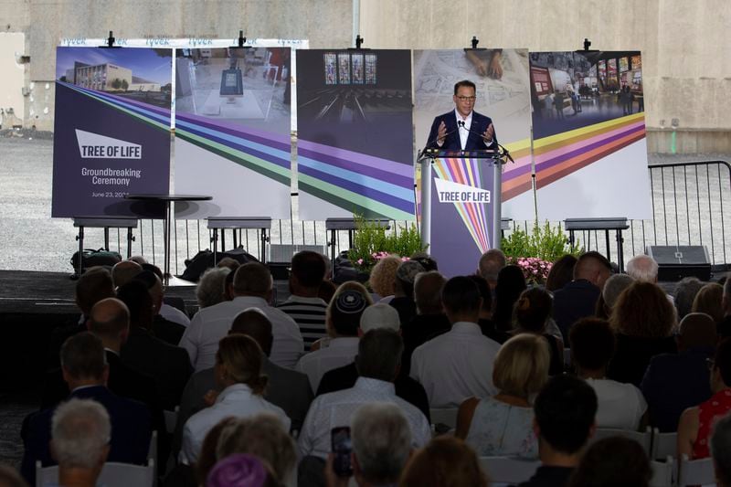 Pennsylvania Gov. Josh Shapiro gives remarks during the groundbreaking ceremony for the new Tree of Life complex in Pittsburgh, Sunday, June 23, 2024. The new structure is replacing the Tree of Life synagogue where 11 worshipers were murdered in 2018 in the deadliest act of antisemitism in U.S. history. (AP Photo/Rebecca Droke)