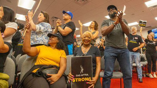 Actress Diva Tyler joins union members of SAG-AFTRA and supporters at a rally to discuss the strike and how important it is in Atlanta on Monday, July 17, 2023. (Katelyn Myrick/katelyn.myrick@ajc.com)