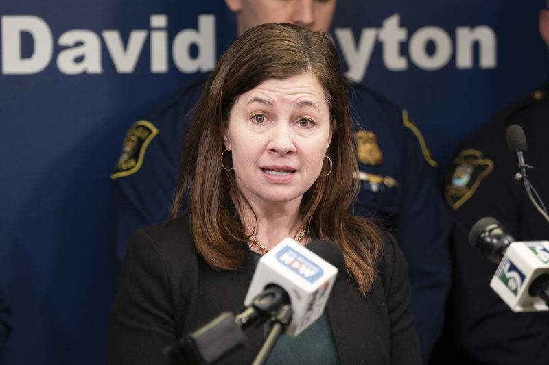 FILE - Sen. Kristen McDonald Rivet speaks during a news conference in downtown Flint, Mich., on Feb. 20, 2024. (Julian Leshay Guadalupe/The Flint Journal via AP, File)