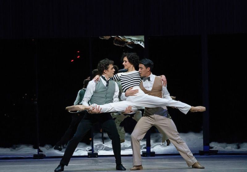 Emily Carrico, as the title character in "Coco Chanel," performs the ‘pas de trois’ with Denys Nedak, left, as Balsan; and Munkhjin Ulziijargal, right, as Capel. Atlanta Ballet presented the North American premiere of the dance in February. Courtesy of Kim Kenney