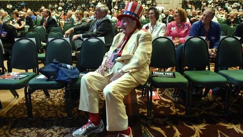 Oscar Poole (foreground) smiles as U.S. Sen. Marco Rubio, who became a 2016 GOP presidential candidate, speaks during the Georgia Republican Party State Convention at the Classic Center in Athens on May 15, 2015. HYOSUB SHIN / HSHIN@AJC.COM