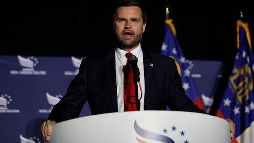 Republican vice presidential nominee Sen. JD Vance, R-Ohio, speaks on Monday, September 16, 2024, during Georgia Faith & Freedom Coalition’s annual dinner at Cobb Galleria Centre in Atlanta.
(Miguel Martinez / AJC)