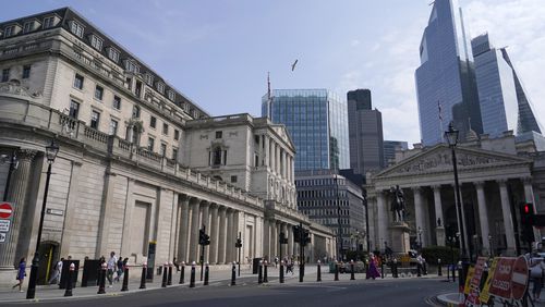 FILE - The Bank of England is pictured in London, on Aug. 1, 2024. (AP Photo/Alberto Pezzali, File)