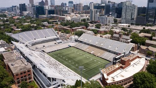 An aerial view of Georgia Tech's Bobby Dodd Stadium in Atlanta pictured on Sunday, June 30, 2024. (Seeger Gray / AJC)