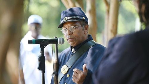 Lonnie Davis speaks during the 32nd Juneteenth Freedom Festival on Saturday, June 15, 2024, at Tattnall Square Park in Macon, Georgia. Davis does living history presentation on the Georgia African Brigade, three Black Union regiments that organized in Macon during the Civil War. (Photo Courtesy of Katie Tucker)