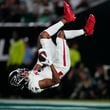 Atlanta Falcons wide receiver Darnell Mooney (1) scores a touchdown during the second half of an NFL football game against the Philadelphia Eagles on Monday, Sept. 16, 2024, in Philadelphia. (AP Photo/Matt Slocum)