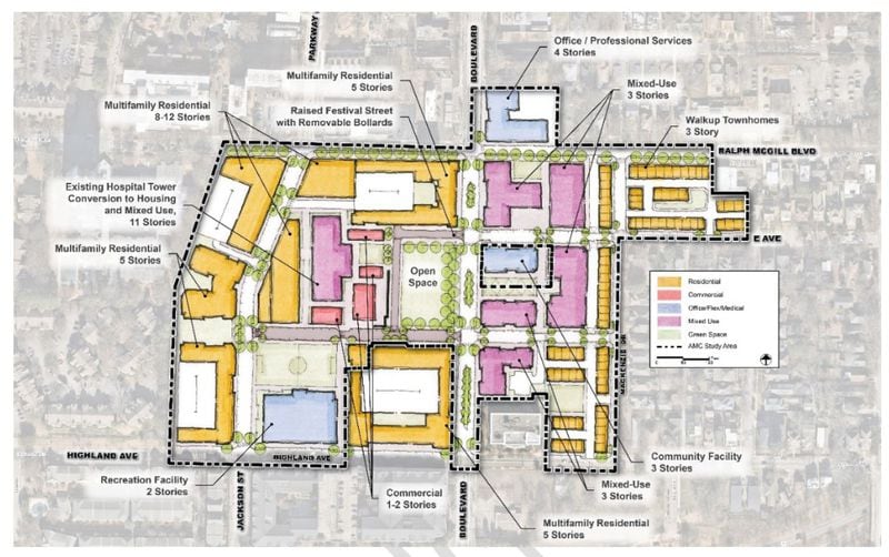 Documents from the Department of City Planning show how the former Atlanta Medical Center site could be turned into a community hub with residential, retail and office space.