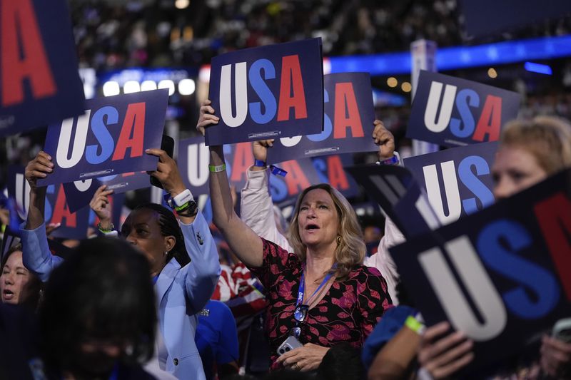 Delegates hold signs during the Democratic National Convention Tuesday, Aug. 20, 2024, in Chicago. (AP Photo/Erin Hooley)