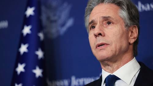 U.S. Secretary of State Antony Blinken speaks to media at the David Kempinski Hotel in Tel Aviv, Israel, Monday, Aug. 19, 2024. (Kevin Mohatt/Pool Photo via AP)