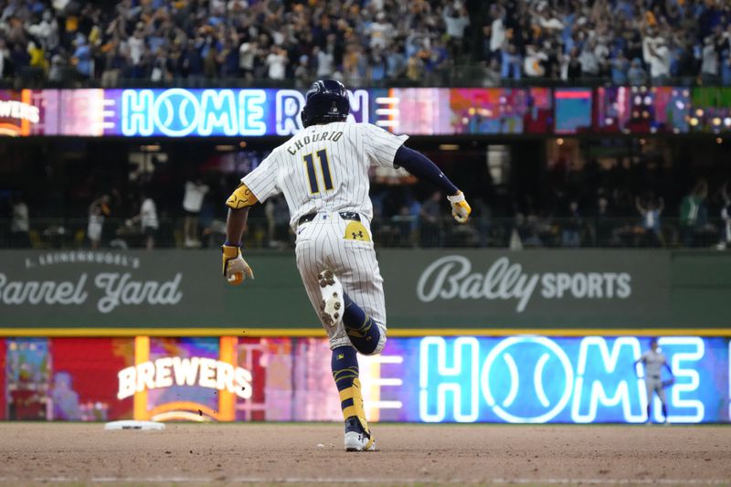 Milwaukee Brewers' Jackson Chourio reacts after hitting a home run during the eighth inning of Game 2 of a National League wild card baseball game against the New York Mets Wednesday, Oct. 2, 2024, in Milwaukee. (AP Photo/Morry Gash)